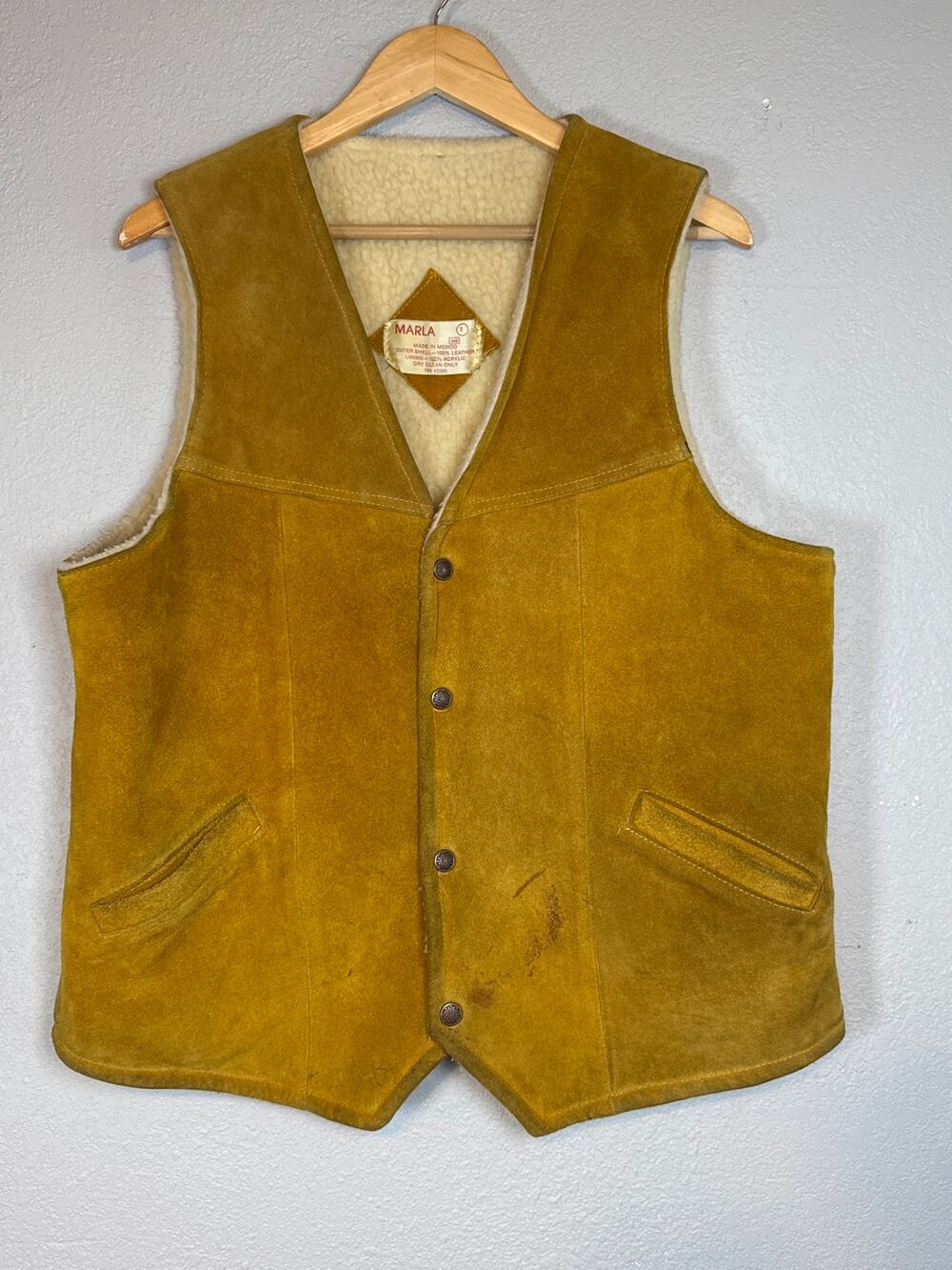 Vintage 70s Mens Sherpa Lined Leather Vest Tan 44 Large Cowboy Western Workwear